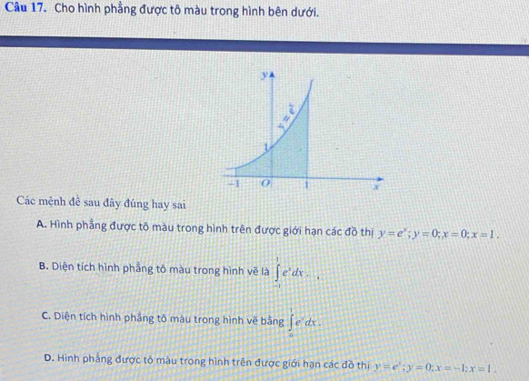 Cho hình phẳng được tô màu trong hình bên dưới.
Các mệnh đề sau đây đúng hay sai
A. Hình phẳng được tô màu trong hình trên được giới hạn các đồ thị y=e^x;y=0;x=0;x=1.
B. Diện tích hình phẳng tô màu trong hình vẽ là ∈tlimits _(-1)^1e^xdx=.
C. Diện tích hình phầng tô màu trong hình về bằng ∈t _0^(1e^x)dx.
D. Hình phẳng được tô màu trong hình trên được giới hạn các đồ thị y=e^x;y=0;x=-1;x=1.