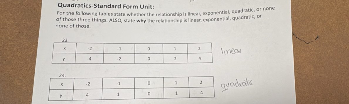 Quadratics-Standard Form Unit: 
For the following tables state whether the relationship is linear, exponential, quadratic, or none 
of those three things. ALSO, state why the relationship is linear, exponential, quadratic, or 
none of those.