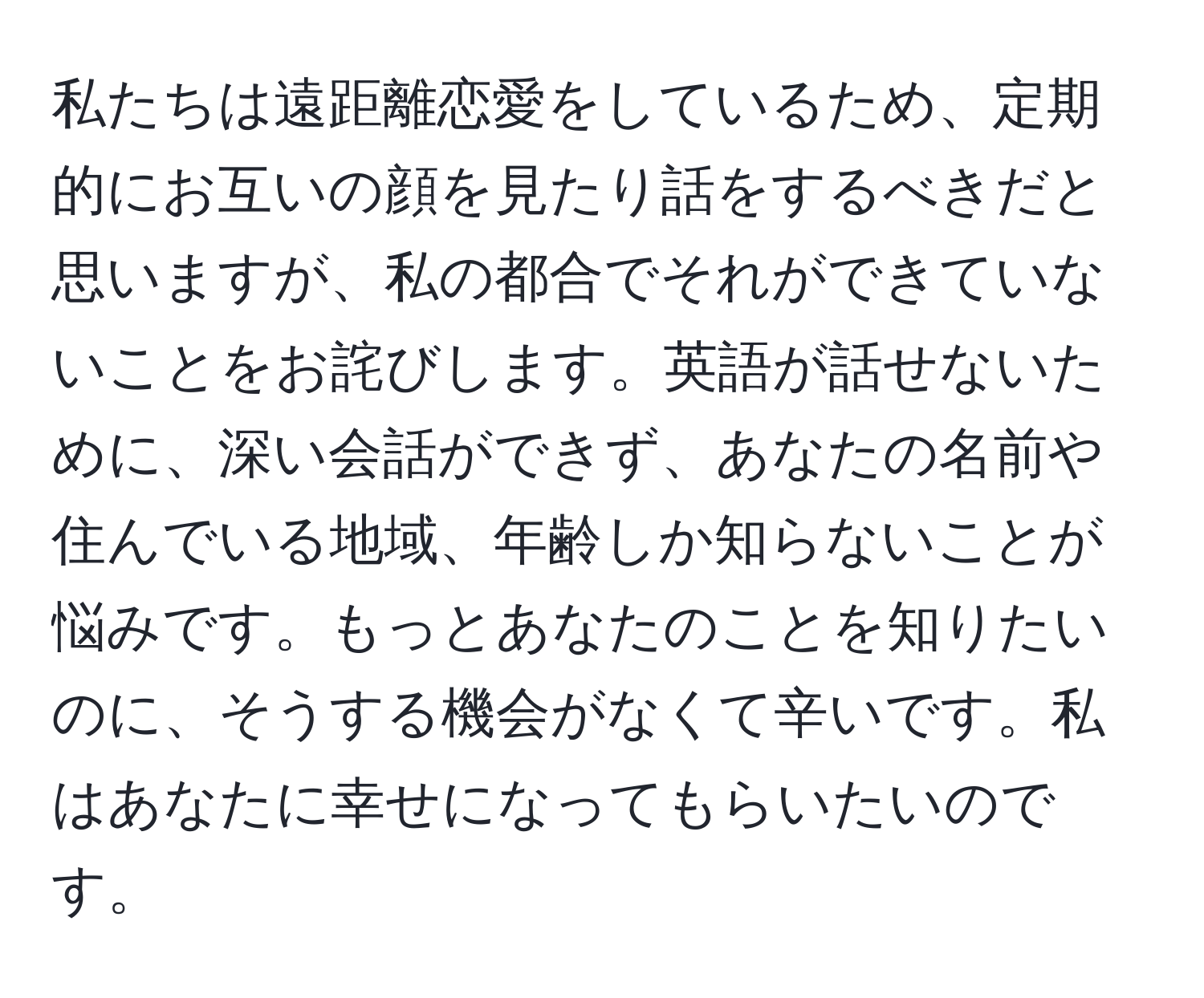 私たちは遠距離恋愛をしているため、定期的にお互いの顔を見たり話をするべきだと思いますが、私の都合でそれができていないことをお詫びします。英語が話せないために、深い会話ができず、あなたの名前や住んでいる地域、年齢しか知らないことが悩みです。もっとあなたのことを知りたいのに、そうする機会がなくて辛いです。私はあなたに幸せになってもらいたいのです。