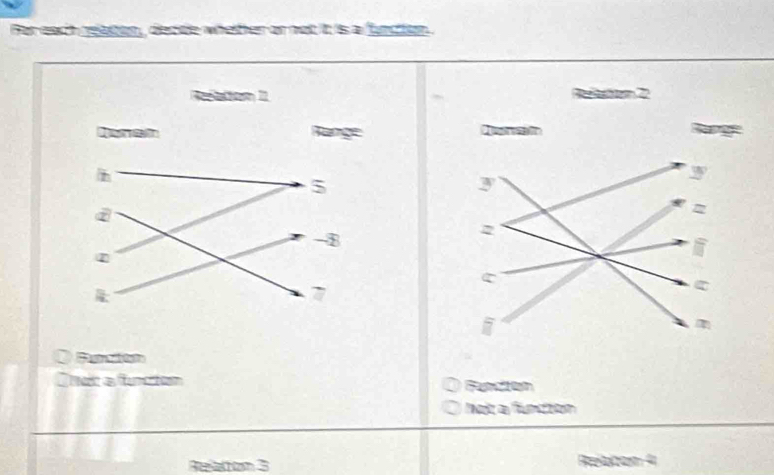 For each reaton, decde whether or not it is a functon 


① Ca o 
C r a function 
f a funtion 
Resation 3 Relbbom 4