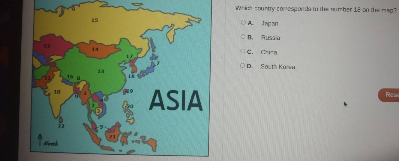 Which country corresponds to the number 18 on the map?
A. Japan
B. Russia
C. China
D. South Korea
Rese