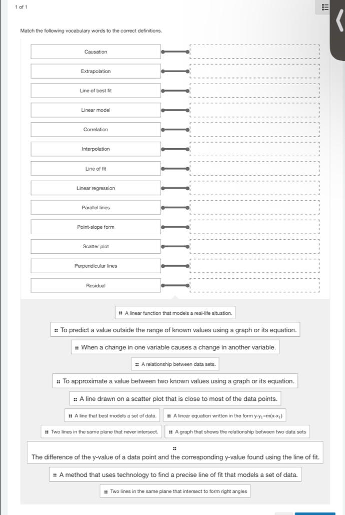 of 1
Match the following vocabulary words to the correct definitions.
Causation
Extrapolation
Line of best fit
Linear model
Correlation
Interpolation
Line of fit
Linear regression
Parallel lines
Point-slope form
Scatter plot
Perpendicular lines
Residual
‡ A linear function that models a real-life situation.
:: To predict a value outside the range of known values using a graph or its equation.
:: When a change in one variable causes a change in another variable.
:: A relationship between data sets.
:: To approximate a value between two known values using a graph or its equation.
:: A line drawn on a scatter plot that is close to most of the data points.
:: A line that best models a set of data. :: A linear equation written in the form y-y₁=m(x-x₁)
:: Two lines in the same plane that never intersect. :: A graph that shows the relationship between two data sets
:
The difference of the y -value of a data point and the corresponding y -value found using the line of fit.
:: A method that uses technology to find a precise line of fit that models a set of data.
:= Two lines in the same plane that intersect to form right angles