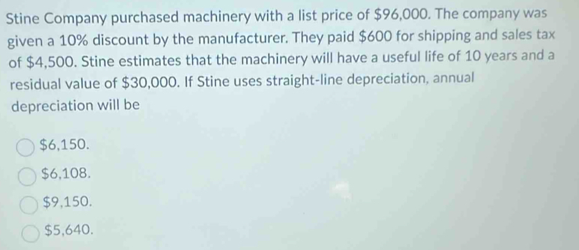 Stine Company purchased machinery with a list price of $96,000. The company was
given a 10% discount by the manufacturer. They paid $600 for shipping and sales tax
of $4,500. Stine estimates that the machinery will have a useful life of 10 years and a
residual value of $30,000. If Stine uses straight-line depreciation, annual
depreciation will be
$6,150.
$6,108.
$9,150.
$5,640.