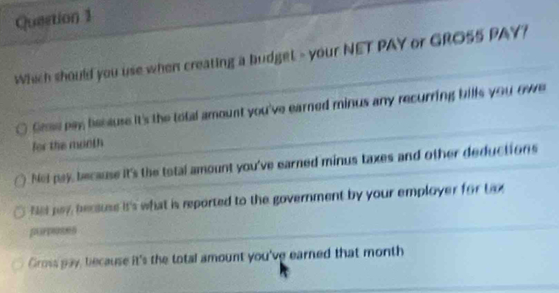 Queetion 1
Which should you use when creating a budget - your NET PAY or GROS5 PAY?
Groe pay besause it's the total amount you've earned minus any recurring bills you owe
for the month
Nel pay, because it's the total amount you've earned minus taxes and other deductions
et pay becsuse it's what is reported to the government by your employer for Lax 
purposes
Gross pay, because it's the total amount you've earned that month