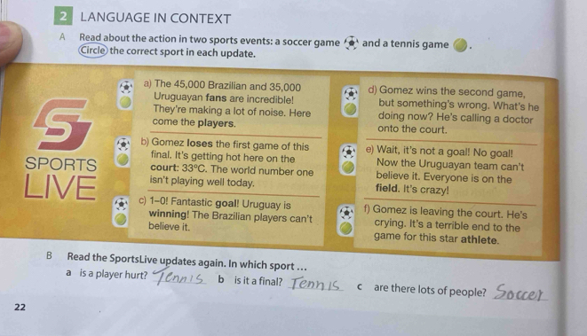 LANGUAGE IN CONTEXT
A Read about the action in two sports events: a soccer game and a tennis game
Circle the correct sport in each update.
a) The 45,000 Brazilian and 35,000 d) Gomez wins the second game,
Uruguayan fans are incredible! but something's wrong. What's he
They're making a lot of noise. Here doing now? He's calling a doctor
come the players. onto the court.
S b) Gomez Ioses the first game of this e) Wait, it's not a goal! No goal!
final. It's getting hot here on the Now the Uruguayan team can't
SPORTS court: 33°C. The world number one field. It's crazy! believe it. Everyone is on the
isn't playing well today.
LIVE c) 1-0! Fantastic goal! Uruguay is f) Gomez is leaving the court. He's
winning! The Brazilian players can't crying. It's a terrible end to the
believe it. game for this star athlete.
B Read the SportsLive updates again. In which sport ..
a is a player hurt? _b is it a final? _c are there lots of people?
_
22