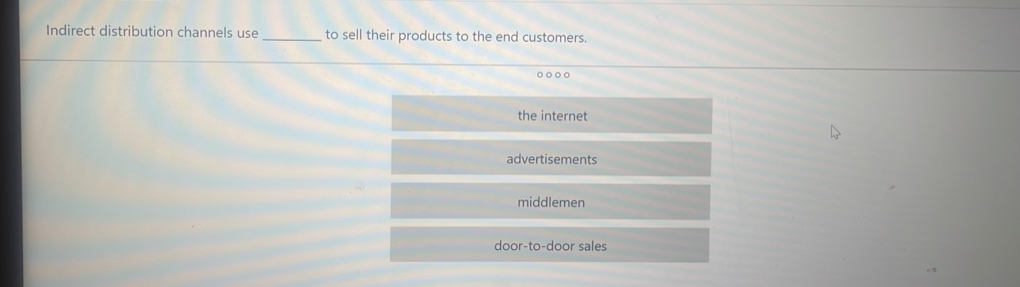 Indirect distribution channels use _to sell their products to the end customers.
the internet
advertisements
middlemen
door-to-door sales