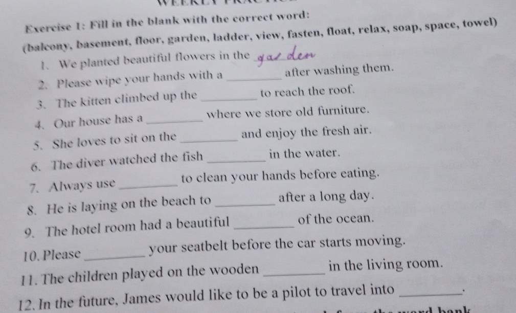 Fill in the blank with the correct word: 
(balcony, basement, floor, garden, ladder, view, fasten, float, relax, soap, space, towel) 
1. We planted beautiful flowers in the_ 
2. Please wipe your hands with a _after washing them. 
3. The kitten climbed up the _to reach the roof. 
4. Our house has a _where we store old furniture. 
5. She loves to sit on the _and enjoy the fresh air. 
6. The diver watched the fish _in the water. 
7. Always use _to clean your hands before eating. 
8. He is laying on the beach to _after a long day. 
9. The hotel room had a beautiful _of the ocean. 
10. Please _your seatbelt before the car starts moving. 
11. The children played on the wooden _in the living room. 
12. In the future, James would like to be a pilot to travel into_ 
.