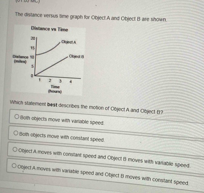 Solved: (01.05 MC) The distance versus time graph for Object A and ...