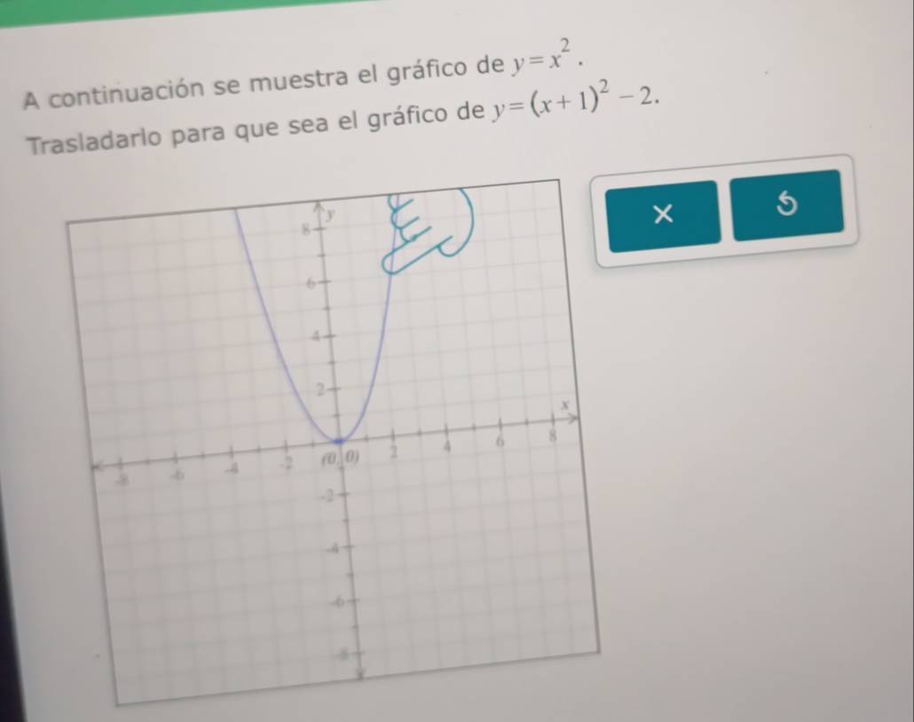 A continuación se muestra el gráfico de y=x^2.
Trasladarlo para que sea el gráfico de y=(x+1)^2-2.
5
×