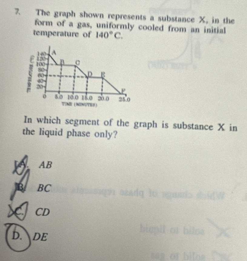 The graph shown represents a substance X, in the
form of a gas, uniformly cooled from an initial
temperature of 140°C. 
In which segment of the graph is substance X in
the liquid phase only?
A. AB
B BC
C CD
D. DE
a
be