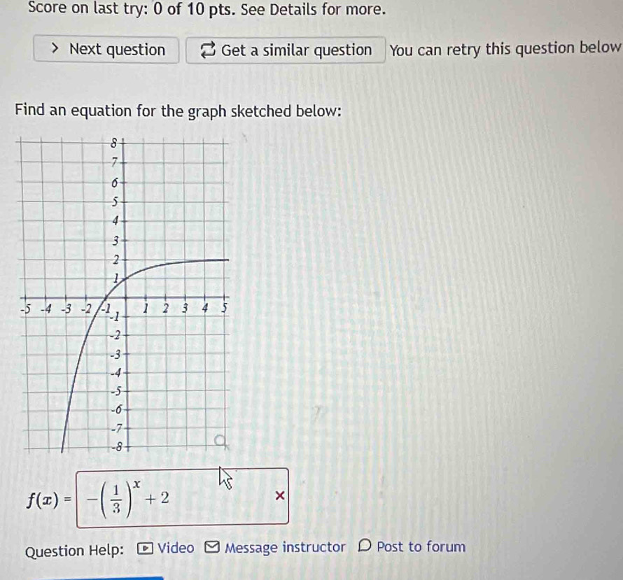 Score on last try: 0 of 10 pts. See Details for more. 
Next question Get a similar question You can retry this question below 
Find an equation for the graph sketched below:
f(x)=-( 1/3 )^x+2^(frac 1)2
× 
Question Help: Video Message instructor Post to forum