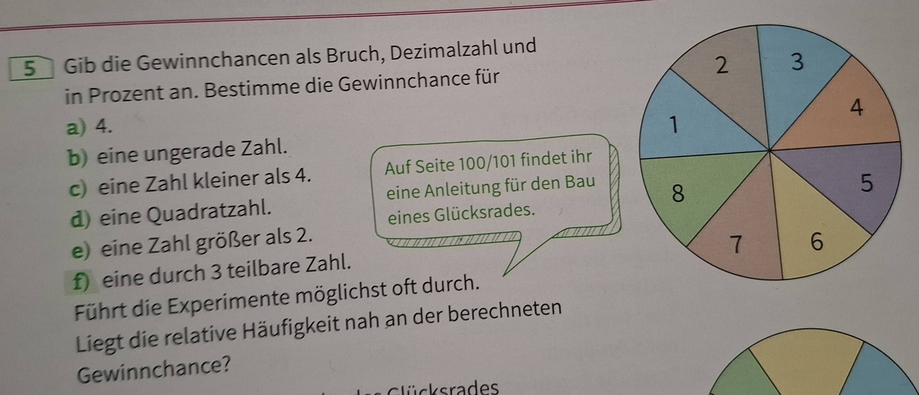 Gib die Gewinnchancen als Bruch, Dezimalzahl und 
in Prozent an. Bestimme die Gewinnchance für 
a) 4. 
b) eine ungerade Zahl. 
c) eine Zahl kleiner als 4. Auf Seite 100/101 findet ihr 
eine Anleitung für den Bau 
d) eine Quadratzahl. 
eines Glücksrades. 
e) eine Zahl größer als 2. 
f) eine durch 3 teilbare Zahl. 
Führt die Experimente möglichst oft durch. 
Liegt die relative Häufigkeit nah an der berechneten 
Gewinnchance? 
Glücksrades