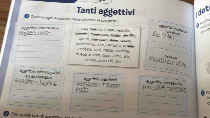 Tanti aggettivi det 
Trascrivi ogni aggettivo determinativo al suo posto. 
* Analiz 
indicar 
aggettivi numerai cardinali 
_aggettivi dimostrativi mio, quanto, troppi, nessuño, DEC 
corret 
quindici, medesimo, quella, decímo, 
_questi, sua, poco, nove, vostre,_ 
_ 
_dodicesimo, loro, ventotto, quale; 
_codesta, tuoi, stesse, qualche, 
_ 
_duecentesimo, quei, altrui, altri, Quind 
ordinali 
ottavo, parecchi, che_ 
aggettivi interrogativi 
_ 
_ed esclamativi aggettivi indefiniti aggettivi possessivi 
_ 
NESU NO - T ROPP1 
_ 
POG 
_ 
_ 
❷ Ar 
_ 
_ 
_ 
in 
_ 
_ 
C 
_ 
2 qua i g g