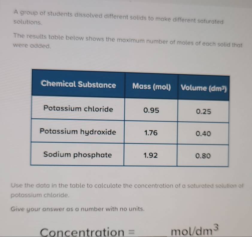 A group of students dissolved different solids to make different saturated
solutions.
The results table below shows the maximum number of moles of each solid that
were added.
Use the data in the table to calculate the concentration of a saturated solution of
potassium chloride.
Give your answer as a number with no units.
=Concentration =_
mol/dm^3