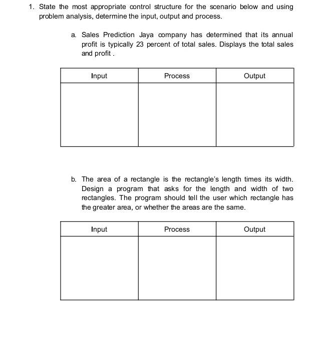 State the most appropriate control structure for the scenario below and using 
problem analysis, determine the input, output and process. 
a. Sales Prediction Jaya company has determined that its annual 
profit is typically 23 percent of total sales. Displays the total sales 
and profit . 
b. The area of a rectangle is the rectangle's length times its width. 
Design a program that asks for the length and width of two 
rectangles. The program should tell the user which rectangle has 
the greater area, or whether the areas are the same.