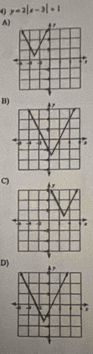 0 y=2|x-3|+1
A) 
B) 
C) 
D)