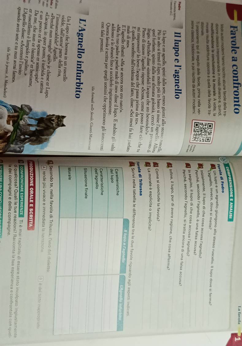 Favole a confronto
La favola
Moh auton modemi hanno riscritto alcune favole della tra- COMPRENSIONE E ANALISI 1
dizione classica interpretandole in modo diverso e, quindi,
Favola di Fedro
modificandone la conclusione e la morale. A volte, la Un lupo e un agnello giungono allo stesso ruscello. Il lupo dove si ferma?
morale risulta addirittura opposta a quella della favola tra- Lagnello, invece, dove si mette?_
_
dizionale
Inizialmente, il lupo di che cosa accusa l'agnello
Ti proponiamo qui di seguito delle favole, prima nella ver- *Perché, secondo l'agnello, è una falsa accusa?_
sione classica, tradizionale, e poi riscritte da autori moderi. Asca In seguito, il lupo di che cosa accusa l'agnello?_
Perché, secondo l'agnello, si tratta ancora di una falsa accusa?
Fedro
Fevolista latino Il lupo e l’agnello_
L secolo σ C
Infine, il lupo, pur di avere ragione, che cosa afferma?
Un lupo e un agnello, spinti dalla sete, erano giunti allo stesso ruscello_
Più in alto si fermò il lupo, molto più in basso si mise l'agnello. Allon Come si conclude la favola?_
quel furfante, spinto dalla sua sfrenata golosità, cercò un pretesto de
litigio. «Perché» disse «intorbidi l'acqua che sto bevendo?» La morale è esplicita o implicita?_
Pieno di timore l'agnello rispose: «Scusa, come posso fare cio che Favola di Trilussa
mi rimproveri? Io bevo l'acqua che passa prima da tex. Scrivi nella tabella le differenze tra le due 
male di me».
E quello, sconfitto dall’evidenza del fatto, disse: «Sei mesi fa hai parlato
E l'agnello ribatté: «Ma se ancora non ero nato!».
«Ma fu tuo padre a parlar male di me» disse il lupo. E subito gli saltò
addosso e lo sbranó fino a ucciderlo ingiustamente.
Questa favola è scritta per quegli uomini che opprimono gli innocenti
con falsi pretesti. 
(da Animali nelle favole, Giunti-Marzocco)
L’Agnello infurbito
Un Lupo che beveva in un ruscello
vidde, dall'antra' parte della riva,
l'immancabbile² Agnello. , l'uso del dialetto:
d alrs «Perché nun venghi? qui?» je chiese er Lupo.
«L'acqua, in quer punto, è torbida e cattiva A rende più vivace e immediata la narrazione B ] é del tutto inappropriato
e un porco ce fa spesso er semicupio¹.
Da me, che nun ce bàzzica³ er bestiame,
PRODUZIONE ORALE E SCRITTA
L'Agnello disse: «Acceterò l'invito
er ruscelletto è limpido e pulito...» coNFRONTARE ESPERIENZE Ti è mai capitato di essere stato incolpato ingiustamente
quando avrò sete e tu nun avrai fame»,
di qualcosa? Quali le tue reazioni? Racconta la tua esperienza e confrontala con quel-
la dei compagni e delle compagne.
(da Tutte le poesie, A. Mondadori)