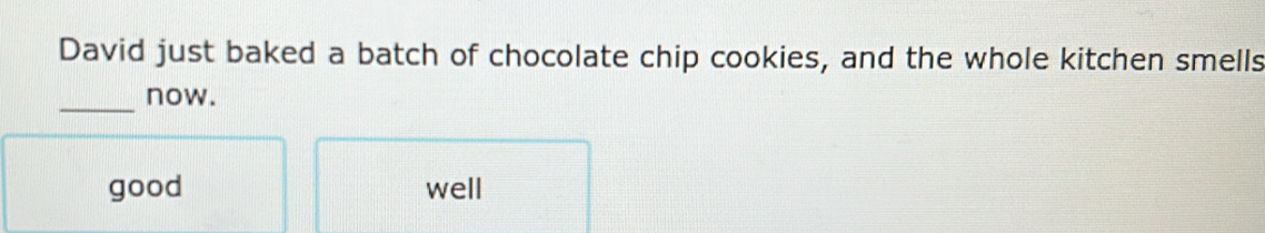 David just baked a batch of chocolate chip cookies, and the whole kitchen smells
_
now.
good well