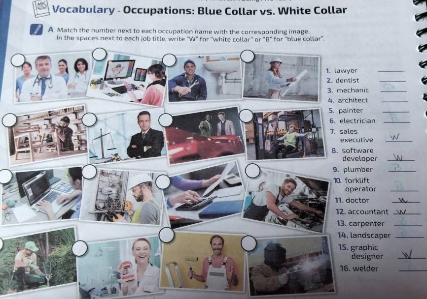 Vocabulary - Occupations: Blue Collar vs. White Collar 
A Match the number next to each occupation name with the corresponding image. 
In the spaces next to each job title, write "Wlue collar". 
_ 
_ 
_ 
_ 
_ 
n_ 
e_ 
e 
er_ 
r_ 
or_ 
_ 
ntant_ 
nter_ 
caper_ 
ic 
ner_ 
er_