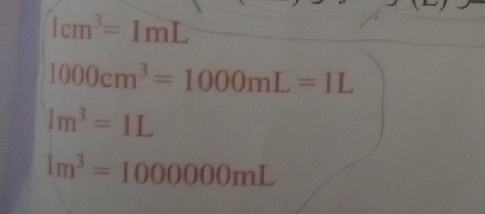 1cm^3=1mL
1000cm^3=1000mL=1L
1m^3=1L
1m^3=1000000mL