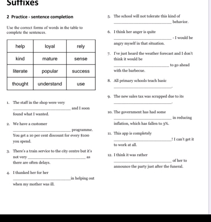 Suttixes 
2 Practice - sentence completion 5. The school will not tolerate this kind of 
_behavior. 
Use the correct forms of words in the table to 
complete the sentences. 6. I think her anger is quite 
_- I would be 
angry myself in that situation. 
7. I’ve just heard the weather forecast and I don't 
think it would be 
_to go ahead 
with the barbecue. 
8. All primary schools teach basic 
_ 
9. The new sales tax was scrapped due to its 
1. The staff in the shop were very _. 
_and I soon 
found what I wanted. 10. The government has had some 
_in reducing 
2. We have a customer inflation, which has fallen to 3%. 
_programme, 
You get a 10 per cent discount for every $100 11. This app is completely 
you spend. _! I can’t get it 
to work at all. 
3. There's a train service to the city centre but it’s 
not very _as 12. I think it was rather 
there are often delays. 
_of her to 
announce the party just after the funeral. 
4. I thanked her for her 
_in helping out 
when my mother was ill.