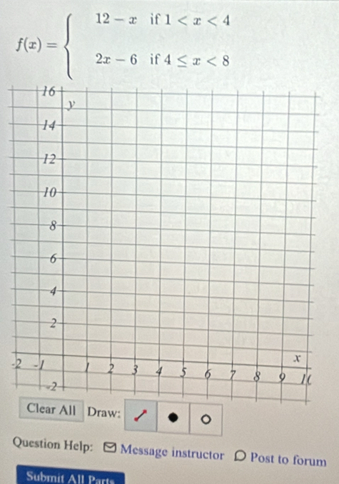 f(x)=beginarrayl 12-xif1 <8endarray.
- 
r All Draw: 。 
Question Help: Message instructor D Post to forum 
Submit All Parts