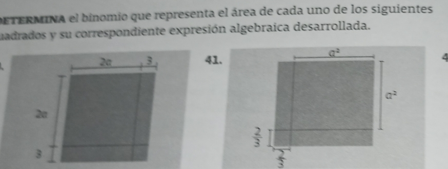 DETERMINA el binomio que representa el área de cada uno de los siguientes
uadrados y su correspondiente expresión algebraica desarrollada.
41.4
 2/3 