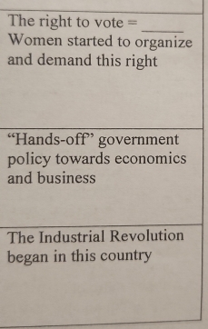 The right to vote =
_
Women started to organize
and demand this right
“Hands-off” government
policy towards economics
and business
The Industrial Revolution
began in this country