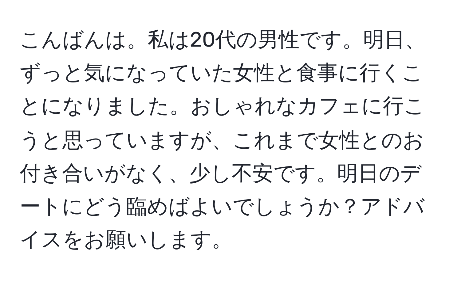 こんばんは。私は20代の男性です。明日、ずっと気になっていた女性と食事に行くことになりました。おしゃれなカフェに行こうと思っていますが、これまで女性とのお付き合いがなく、少し不安です。明日のデートにどう臨めばよいでしょうか？アドバイスをお願いします。