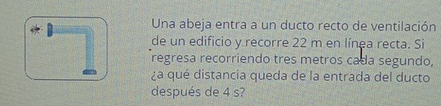 Una abeja entra a un ducto recto de ventilación 
de un edificio y recorre 22 m en línea recta. Si 
regresa recorriendo tres metros cada segundo, 
¿a qué distancia queda de la entrada del ducto 
después de 4 s?