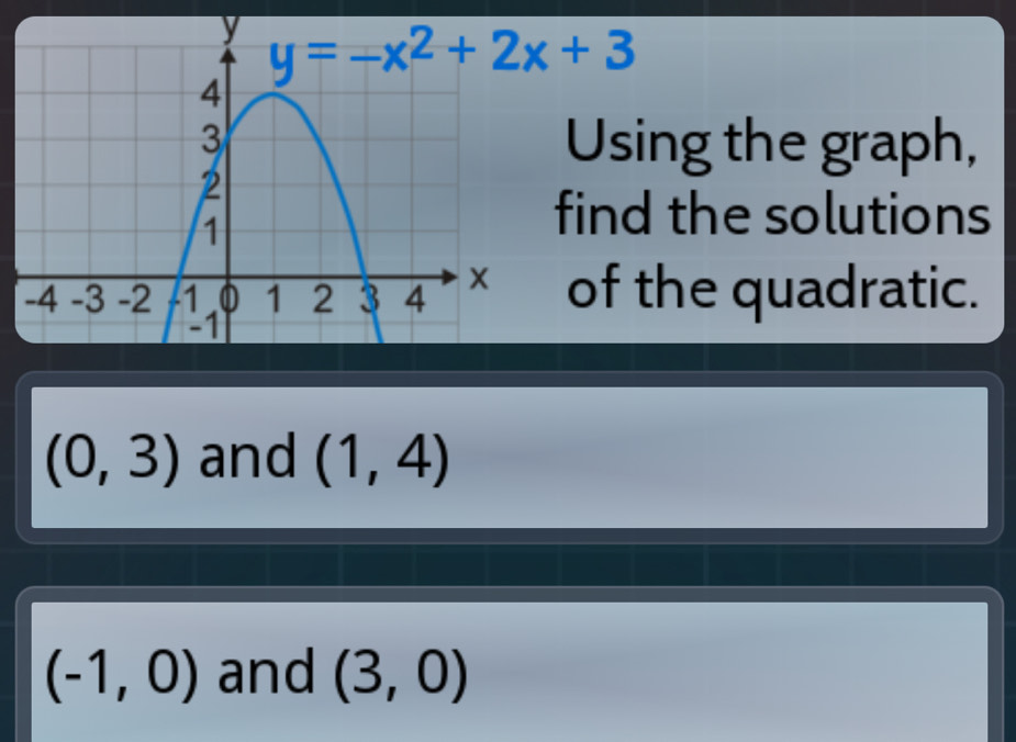 Using the graph,
find the solutions
of the quadratic.
(0,3) and (1,4)
(-1,0) and (3,0)