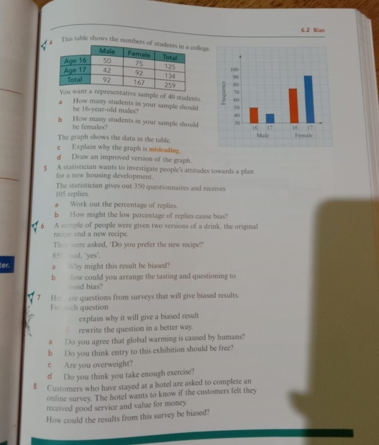 6.2 Bias 
This table shows the numberslege. 


ative sample of 40 students. 
a How many students in your sample should 
be 16 -year-old males? 
b How many students in your sample should 
be females? 
The graph shows the data in the table. 
c Explain why the graph is misleading. 
d Draw an improved version of the graph. 
5 A statistician wants to investigate people's attitudes towards a plan 
for a new housing development. 
The statistician gives out 350 questionnaires and receives
105 replies. 
a Work out the percentage of replies. 
b How might the low percentage of replies cause bias? 
6 A sample of people were given two versions of a drink, the original 
recipe and a new recipe. 
They were asked, ‘Do you prefer the new recipe?’ 
85 id. ‘yes’. 
ter. a Why might this result be biased? 
b ow could you arrange the tasting and questioning to 
woid bias? 
7 Her are questions from surveys that will give biased results. 
For each question 
explain why it will give a biased result 
rewrite the question in a better way. 
a Do you agree that global warming is caused by humans? 
b Do you think entry to this exhibition should be free? 
c Are you overweight? 
d Do you think you take enough exercise?
8 Customers who have stayed at a hotel are asked to complete an 
online survey. The hotel wants to know if the customers felt they 
received good service and value for money. 
How could the results from this survey be biased?