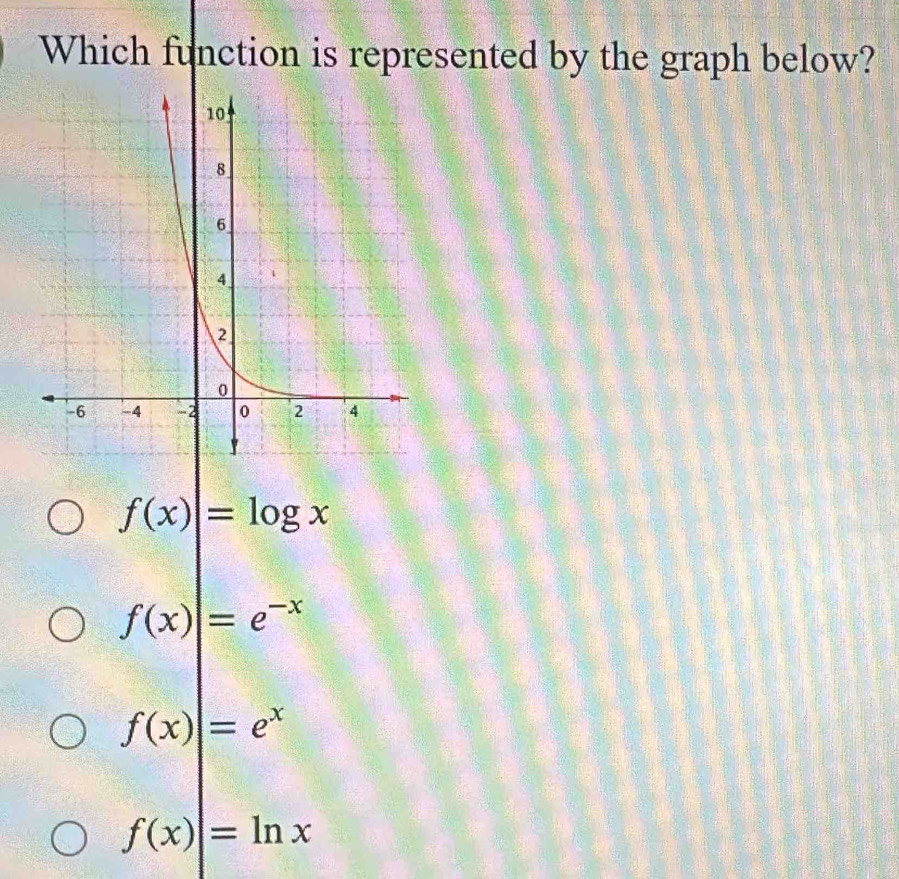 Which function is represented by the graph below?
f(x)=log x
f(x)|=e^(-x)
f(x)|=e^x
f(x)=ln x