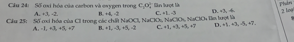 Số oxi hóa của carbon và oxygen trong C_2O_4^(2-) * Tần lượt là
Phản
A. +3, -2. B. +4, -2 C. +1. -3 D. +3, -6.
2 loạ
Câu 25: Số oxi hóa của Cl trong các chất NaOCl, NaClO₂, NaClO₃, NaClO₄ lần lượt là
8
A. -1, +3, +5, +7 B. +1, -3, +5, -2 C. +1, +3, +5, +7 D. +1. +3, -5, +7.