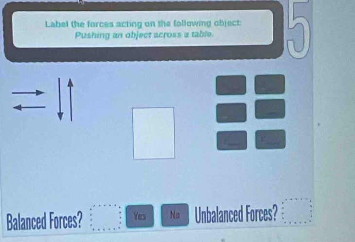 Label the forces acting on the fallowing object:
Pushing an object across a table.

Balanced Forces? Yes No Unbalanced Forces?