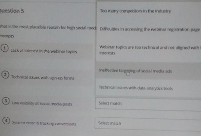 Too many competitors in the industry
what is the most plausible reason for high social med Difficulties in accessing the webinar registration page
rompts
① Lack of interest in the webinar topics interests Webinar topics are too technical and not aligned with
Ineffective targeting of social media ads
2 Technical issues with sign-up forms
Technical issues with data analytics tools
3 Low visibility of social media posts Select match
System error in tracking conversions Select match