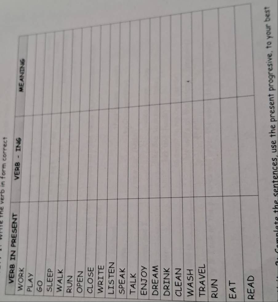 Tif the verb in form correct 
VERB IN PRES 
W 
P 
G 
S 
W 
R 
O 
C 
W 
L 
S 
T 
E 
DR 
DR 
CL 
W 
TR 
RU 
EA 
RE 
alete the sentences, use the present progresive, to your best