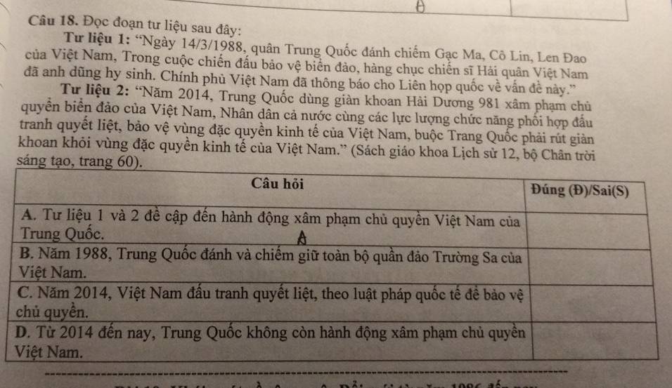 θ 
Câu 18. Đọc đoạn tư liệu sau đây: 
Từ liệu 1: “Ngày 14/3/1988, quân Trung Quốc đánh chiếm Gạc Ma, Cô Lin, Len Đao 
của Việt Nam, Trong cuộc chiến đấu bảo vệ biển đảo, hàng chục chiến sĩ Hải quân Việt Nam 
đã anh dũng hy sinh. Chính phủ Việt Nam đã thông báo cho Liên họp quốc về vấn đề này.' 
Tư liệu 2: “Năm 2014, Trung Quốc dùng giàn khoan Hài Dương 981 xâm phạm chủ 
quyển biển đảo của Việt Nam, Nhân dân cả nước cùng các lực lượng chức năng phối hợp đầu 
tranh quyết liệt, bảo vệ vùng đặc quyền kinh tế của Việt Nam, buộc Trang Quốc phải rút giản 
khoan khỏi vùng đặc quyền kinh tế của Việt Nam.” (Sách giáo khoa Lịch sử 12, bộ Chân trời 
sá