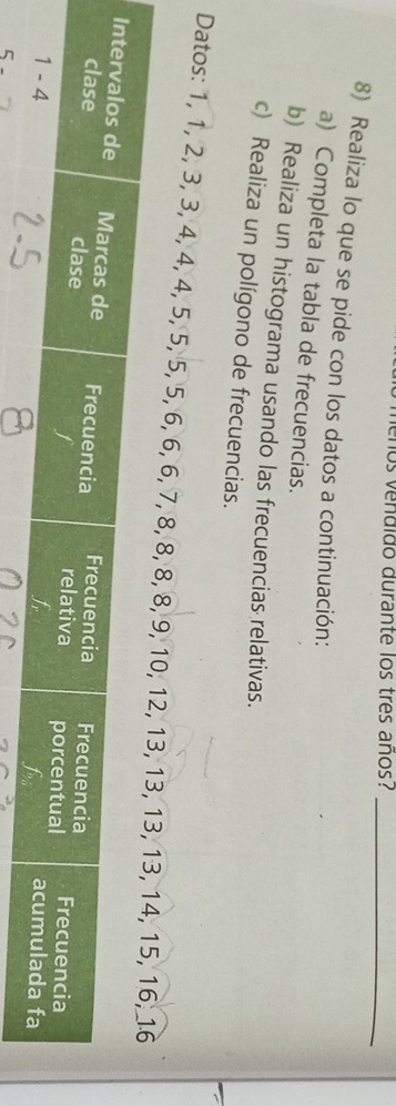 mo s v e ndido durante los tres años?_ 
8) Realiza lo que se pide con los datos a continuación: 
a) Completa la tabla de frecuencias. 
b) Realiza un histograma usando las frecuencias relativas. 
c) Realiza un polígono de frecuencias. 
Datos: 1, 1, 2, 3, 3, 4, 4, 4, 5, 5, 5, 5, 6, 6, 6, 7, 8,