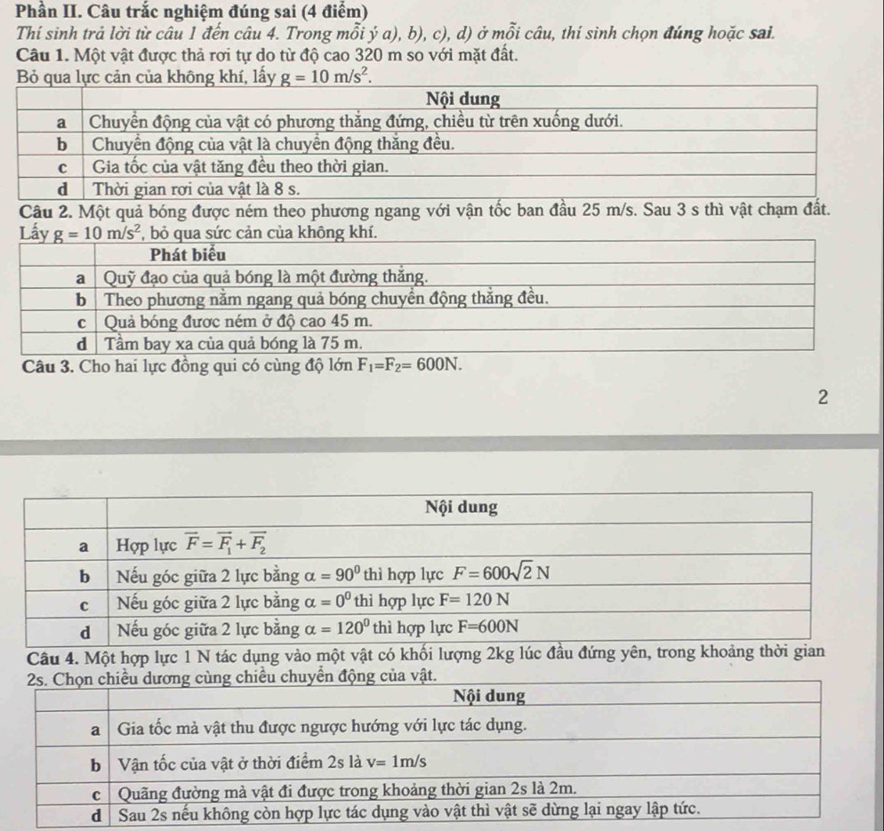 Phần II. Câu trắc nghiệm đúng sai (4 điểm)
Thí sinh trả lời từ câu 1 đến câu 4. Trong mỗi ý a), b), c), d) ở mỗi câu, thí sinh chọn đúng hoặc sai.
Câu 1. Một vật được thả rơi tự do từ độ cao 320 m so với mặt đất.
hí, lấy g=10m/s^2.
Câu 3. Cho hai lựng đ
2