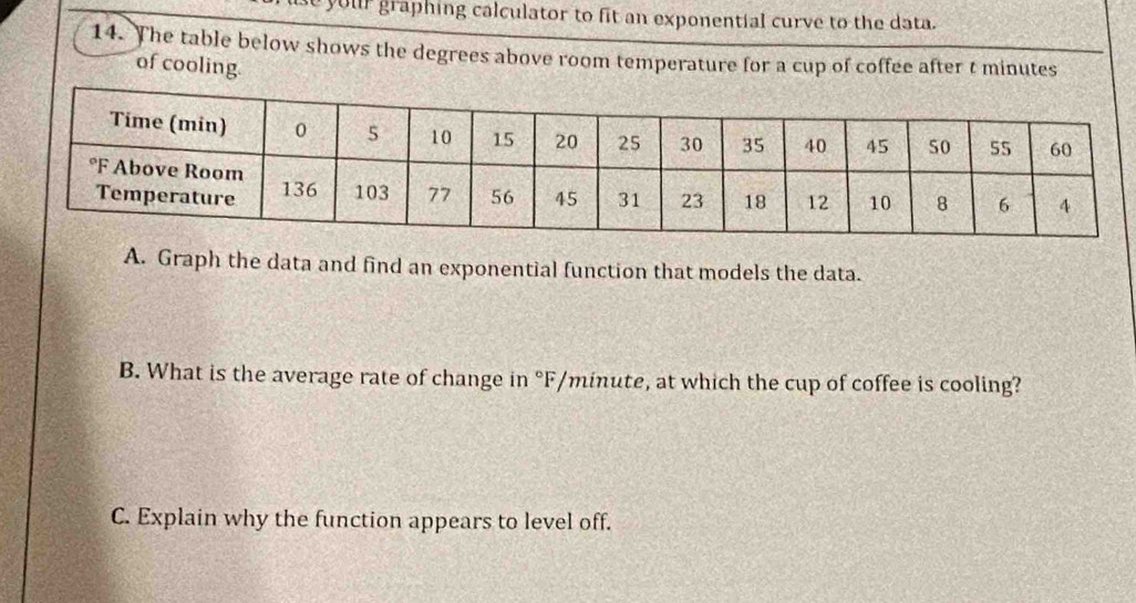 ou graphing calculator to fit an exponential curve to the data. 
14. The table below shows the degrees above room temperature for a cup of coffee after t minutes
of cooling. 
A. Graph the data and find an exponential function that models the data. 
B. What is the average rate of change in °F/minute, at which the cup of coffee is cooling? 
C. Explain why the function appears to level off.