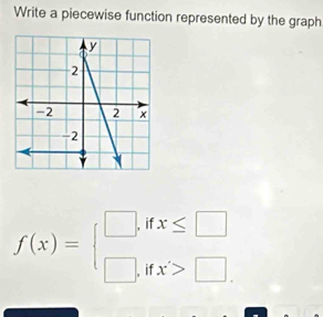 Write a piecewise function represented by the graph
f(x)=beginarrayl □ ,ifx≤ □  □ ,ifx>□ .endarray.