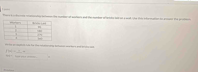 There is a discrete relationship between the number of workers and the number of bricks laid on a wall. Use this information to answer the problem. 
Write an explicit rule for the relationship between workers and bricks laid.
f(n)=_ ?π
f(n)= type ouranswer_ n
Previous