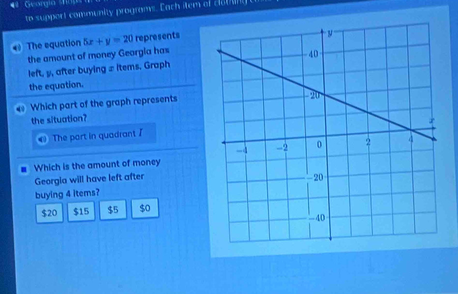 Georgín hop 
to support community programs. Each item of clothing t
The equation 5x+y=20 represents
the amount of money Georgia has
left, y, after buying x items, Graph
the equation.
Which part of the graph represents
the situation?
The part in quadrant I
Which is the amount of money
Georgia will have left after
buying 4 items?
$20 $15 $5 $0