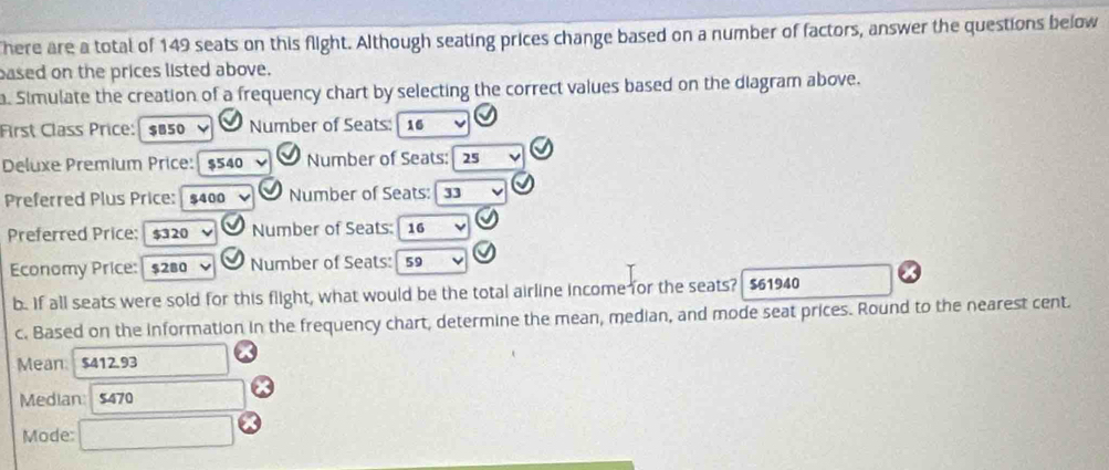 There are a total of 149 seats on this flight. Although seating prices change based on a number of factors, answer the questions below 
based on the prices listed above. 
a. Simulate the creation of a frequency chart by selecting the correct values based on the diagram above. 
First Class Price: $B50 Number of Seats: 16
Deluxe Premium Price:| $540 Number of Seats: 25
Preferred Plus Price: | $400 Number of Seats: | 33
Preferred Price: $320 v Number of Seats: 16
Economy Price: $280 Number of Seats: 59
b. If all seats were sold for this flight, what would be the total airline income for the seats? $61940
c. Based on the information in the frequency chart, determine the mean, median, and mode seat prices. Round to the nearest cent. 
Mean $412.93
Median: $470
Mode: