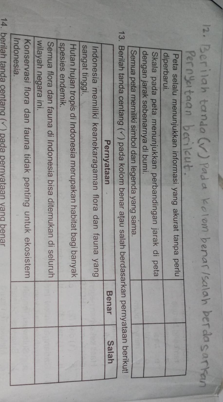 Berilah tanda centang (√ ) pada kolom benar aṭau salah berdasarkan pernyataan 
14. berilah tanda centanq (√) pada pernvataan vanq benar