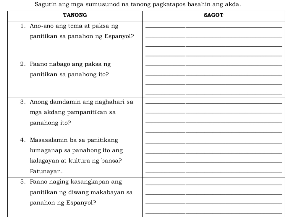 Sagutin ang mga sumusunod na tanong pagkatapos basahin ang akda. 
_