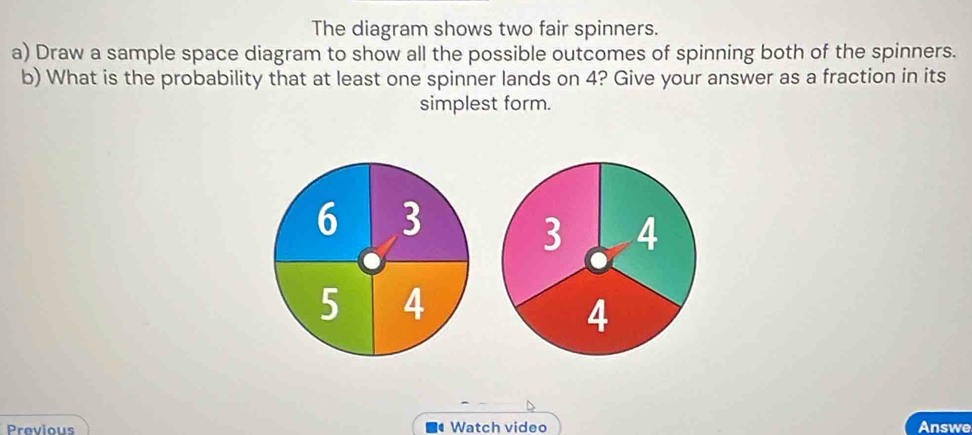 Solved: The diagram shows two fair spinners. a) Draw a sample space ...
