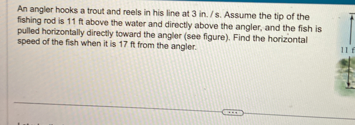 An angler hooks a trout and reels in his line at 3 in. / s. Assume the ...