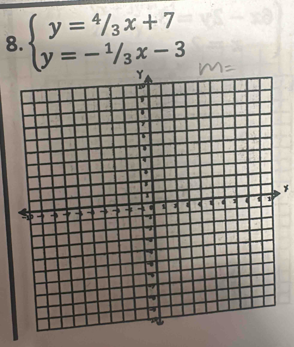 beginarrayl y=4/3x+7 y=-1/3x-3endarray.
y